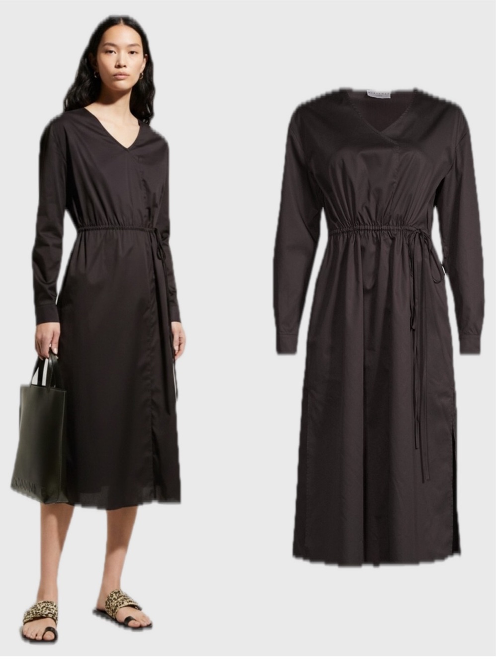 HARSHMAN Belinda Cotton V-Neck Black Drawstring-Waist Midi Dress NWT $235